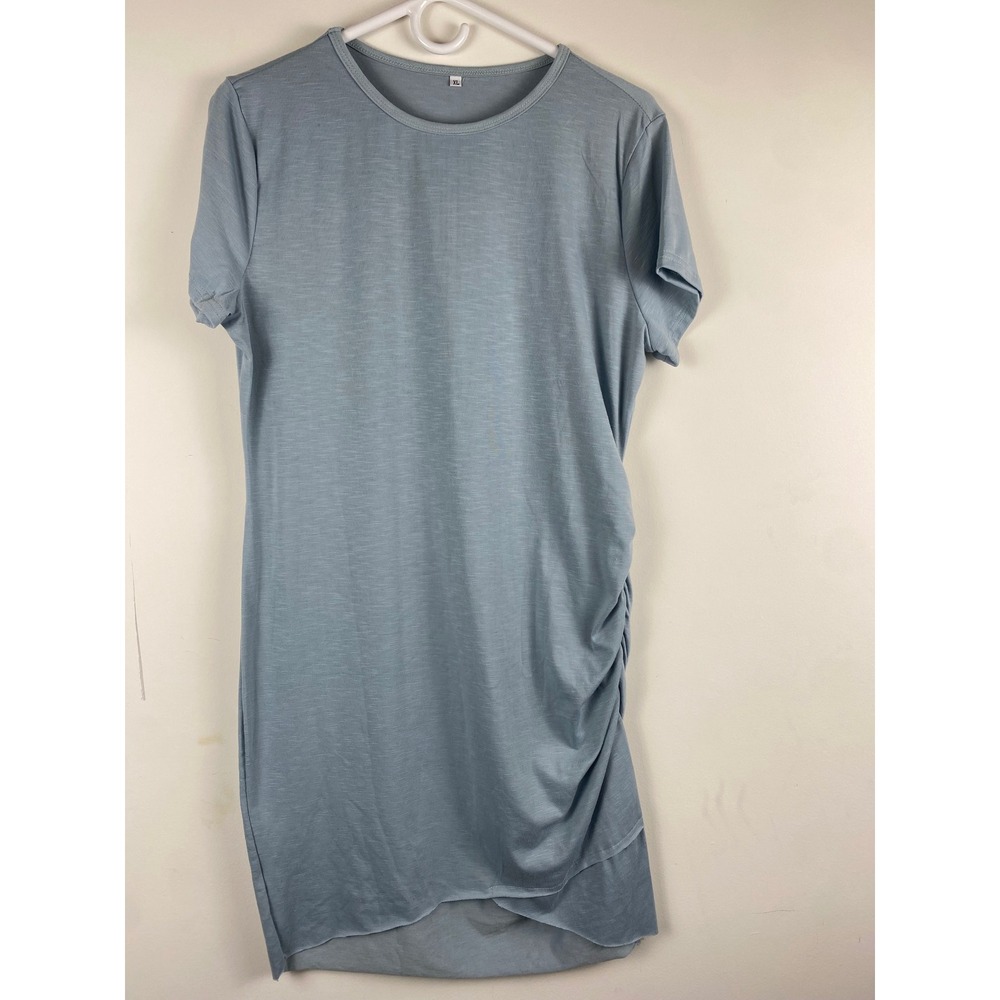 Unbranded Light Blue Slub Knit Ruched Side T-Shirt Dress XL Asymmetrical Hem